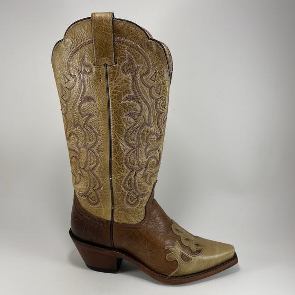 Justin Cowboy Damiana Boots L4337 Leather Snip Toe Size 6.5 B Tan Brown 2 Tone - Picture 1 of 10